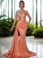 Sheath/Column Glam High Neck Long Sleeves Sweep Train Elastic Woven Satin Dress With Rhinestone