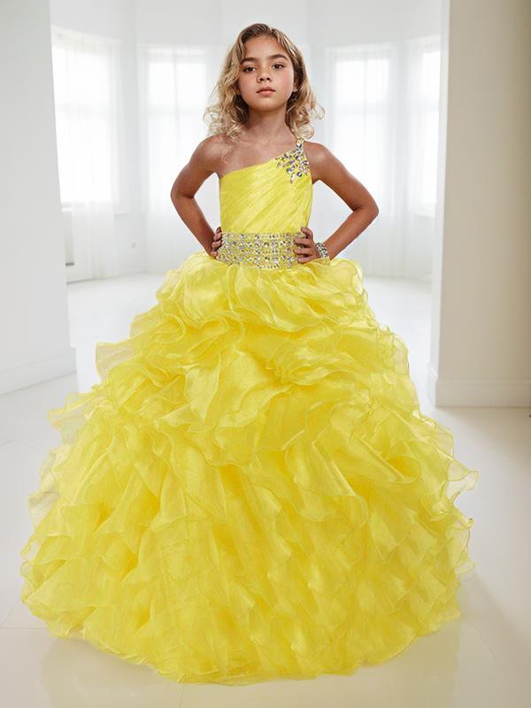 Petite Ball-Gown One-Shoulder Sleeveless Floor-Length Organza Flower Girl Dress With Beading