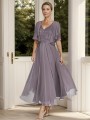 Statuesque A-line V-neck Short Sleeves Chiffon Ankle-Length Mother of the Bride Dress With Ruffles