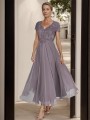 Statuesque A-line V-neck Short Sleeves Chiffon Ankle-Length Mother of the Bride Dress With Ruffles