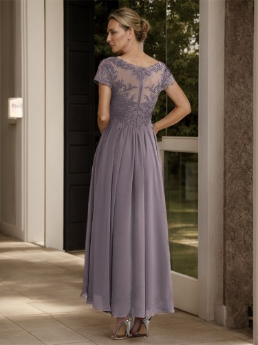 Statuesque A-line V-neck Short Sleeves Chiffon Ankle-Length Mother of the Bride Dress With Ruffles