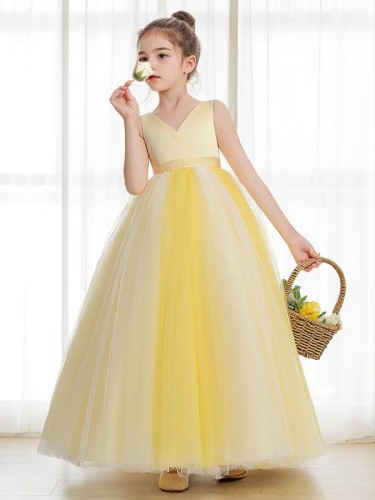 Ball-Gown Princess Precious V-neck Sleeveless Ankle-Length Tulle Flower Girl Dress