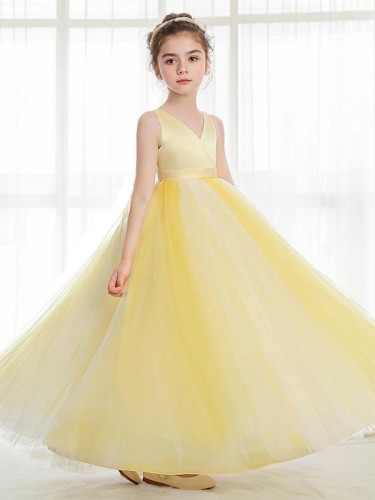 Ball-Gown Princess Precious V-neck Sleeveless Ankle-Length Tulle Flower Girl Dress