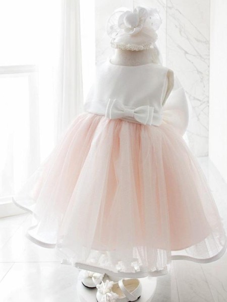 Ball-Gown Jewel Celebratory Sleeveless Tea-Length Organza Flower Girl Dress With Bowknot