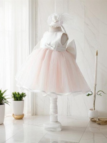 Ball-Gown Jewel Celebratory Sleeveless Tea-Length Organza Flower Girl Dress With Bowknot