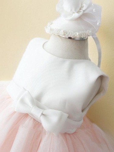 Ball-Gown Jewel Celebratory Sleeveless Tea-Length Organza Flower Girl Dress With Bowknot