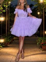 Short A-line Delicate Off-the-Shoulder Sleeves Bow Short/Mini Tulle Corset Dress