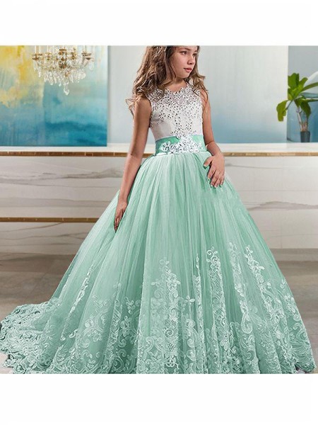 Ball-Gown Princess Playful Jewel Sleeveless Sweep Train Tulle Flower Girl Dress With Lace