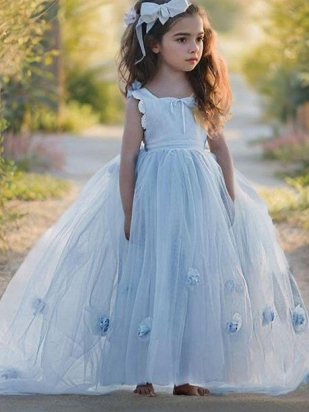 Ball-Gown Princess Bateau Sleeveless Floor-Length Playful Tulle Flower Girl Dress With Hand-Made Flower