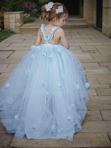 Ball-Gown Princess Bateau Sleeveless Floor-Length Playful Tulle Flower Girl Dress With Hand-Made Flower