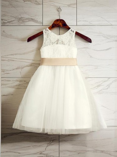 A-line Princess Scoop Sleeveless Tea-Length Joyful Tulle Flower Girl Dress