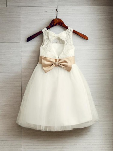 A-line Princess Scoop Sleeveless Tea-Length Joyful Tulle Flower Girl Dress