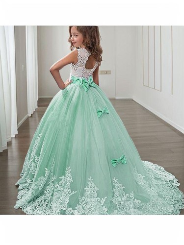 Ball-Gown Princess Playful Jewel Sleeveless Sweep Train Tulle Flower Girl Dress With Lace