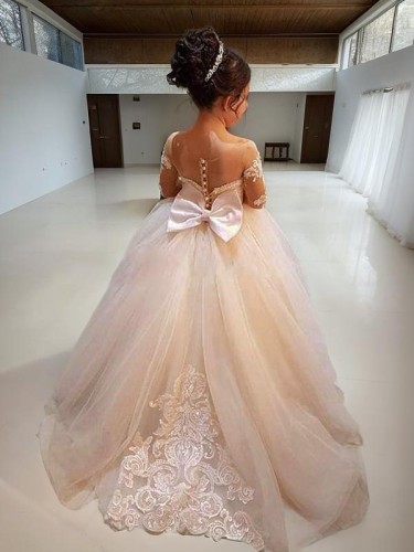 Ball-Gown Princess Charming Off-the-Shoulder Long Sleeves Sweep Train Tulle Flower Girl Dress With Applique