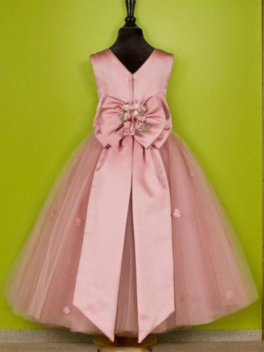 A-line Princess Celebratory Scoop Sleeveless Tea-Length Tulle Flower Girl Dress With Bowknot