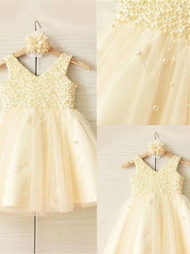 A-line Princess V-neck Adorable Sleeveless Tea-Length Tulle Flower Girl Dress With Pearls