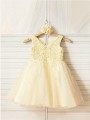 A-line Princess V-neck Adorable Sleeveless Tea-Length Tulle Flower Girl Dress With Pearls