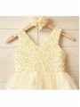 A-line Princess V-neck Adorable Sleeveless Tea-Length Tulle Flower Girl Dress With Pearls