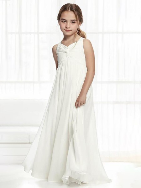 A-line Straps Sleeveless Floor-Length Sweet Chiffon Flower Girl Dress With Ruched