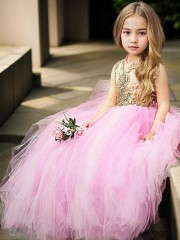 Ball-Gown Princess Scoop Sleeveless Floor-Length Tulle Innocent Flower Girl Dress With Sequins