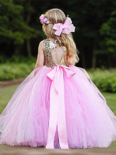 Ball-Gown Princess Scoop Sleeveless Floor-Length Tulle Innocent Flower Girl Dress With Sequins