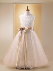 Ball-Gown Princess Jewel Dainty Sleeveless Tea-Length Tulle Flower Girl Dress With Bowknot