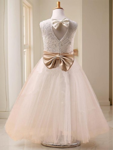 Ball-Gown Princess Jewel Dainty Sleeveless Tea-Length Tulle Flower Girl Dress With Bowknot