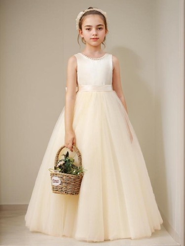 A-line Princess Scoop Joyful Sleeveless Floor-Length Tulle Flower Girl Dress