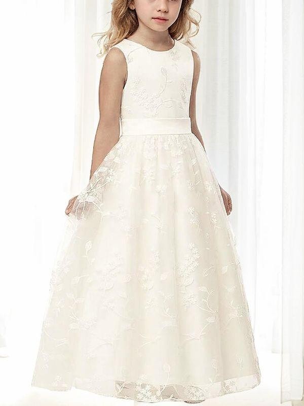 A-line Princess Scoop Sleeveless Enchanting Floor-Length Tulle Flower Girl Dress With Applique