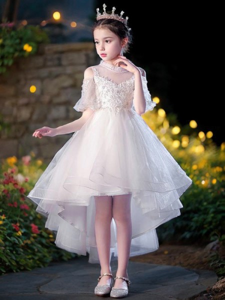 A-line Princess Scoop Short Sleeves Asymmetrical Graceful Tulle Flower Girl Dress