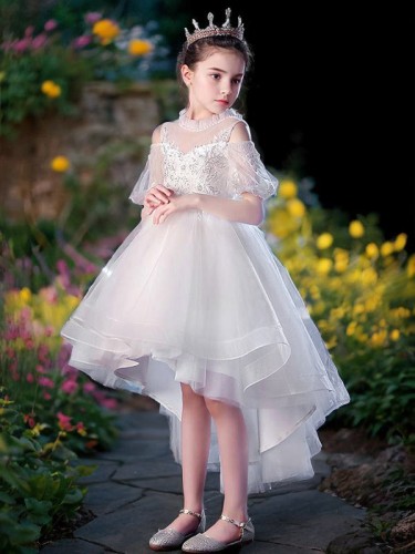 A-line Princess Scoop Short Sleeves Asymmetrical Graceful Tulle Flower Girl Dress