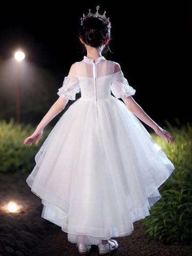 A-line Princess Scoop Short Sleeves Asymmetrical Graceful Tulle Flower Girl Dress