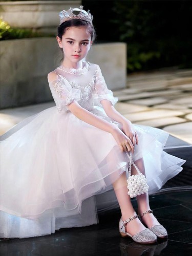 A-line Princess Scoop Short Sleeves Asymmetrical Graceful Tulle Flower Girl Dress