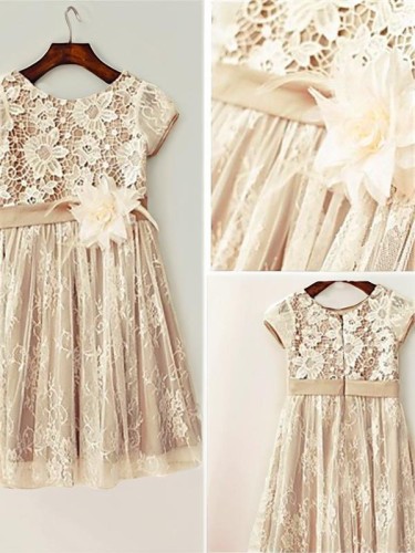 A-line Scoop Short Sleeves Tea-Length Fairy-tale Lace Flower Girl Dress With Hand-Made Flower