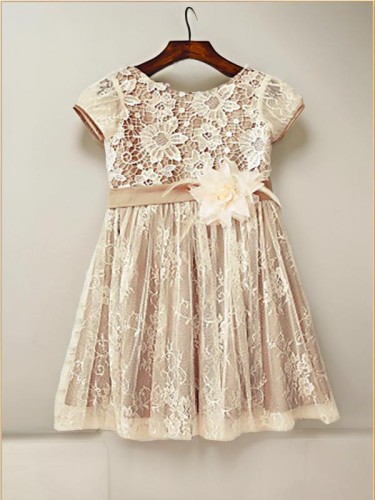 A-line Scoop Short Sleeves Tea-Length Fairy-tale Lace Flower Girl Dress With Hand-Made Flower