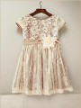 A-line Scoop Short Sleeves Tea-Length Fairy-tale Lace Flower Girl Dress With Hand-Made Flower