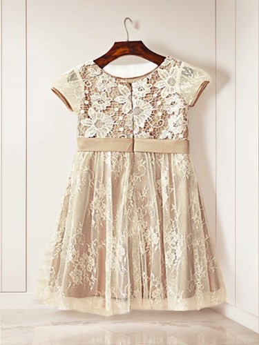 A-line Scoop Short Sleeves Tea-Length Fairy-tale Lace Flower Girl Dress With Hand-Made Flower