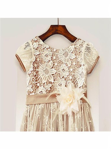 A-line Scoop Short Sleeves Tea-Length Fairy-tale Lace Flower Girl Dress With Hand-Made Flower