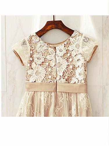 A-line Scoop Short Sleeves Tea-Length Fairy-tale Lace Flower Girl Dress With Hand-Made Flower