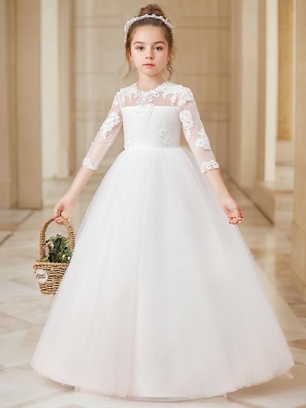 Ball-Gown Princess Scoop 3/4 Sleeves Floor-Length Tulle Whimsical Flower Girl Dress