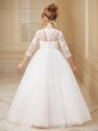 Ball-Gown Princess Scoop 3/4 Sleeves Floor-Length Tulle Whimsical Flower Girl Dress