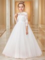 Ball-Gown Princess Scoop 3/4 Sleeves Floor-Length Tulle Whimsical Flower Girl Dress