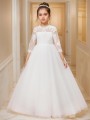 Ball-Gown Princess Scoop 3/4 Sleeves Floor-Length Tulle Whimsical Flower Girl Dress