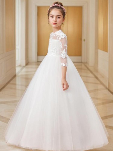 Ball-Gown Princess Scoop 3/4 Sleeves Floor-Length Tulle Whimsical Flower Girl Dress