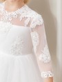 Ball-Gown Princess Scoop 3/4 Sleeves Floor-Length Tulle Whimsical Flower Girl Dress