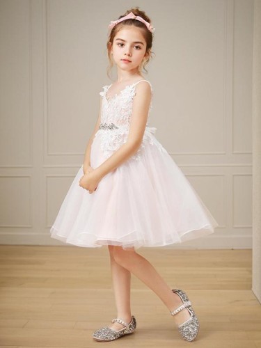 Precious A-line Princess V-neck Sleeveless Knee-Length Tulle Flower Girl Dress