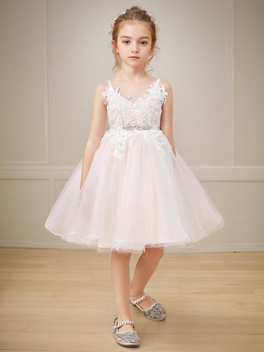 Precious A-line Princess V-neck Sleeveless Knee-Length Tulle Flower Girl Dress