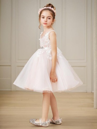 Precious A-line Princess V-neck Sleeveless Knee-Length Tulle Flower Girl Dress