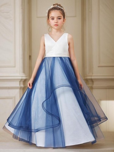 Ball-Gown Princess Celebratory V-neck Sleeveless Floor-Length Tulle Flower Girl Dress