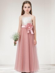 A-line Princess Spaghetti Straps Petite Sleeveless Floor-Length Tulle Flower Girl Dress